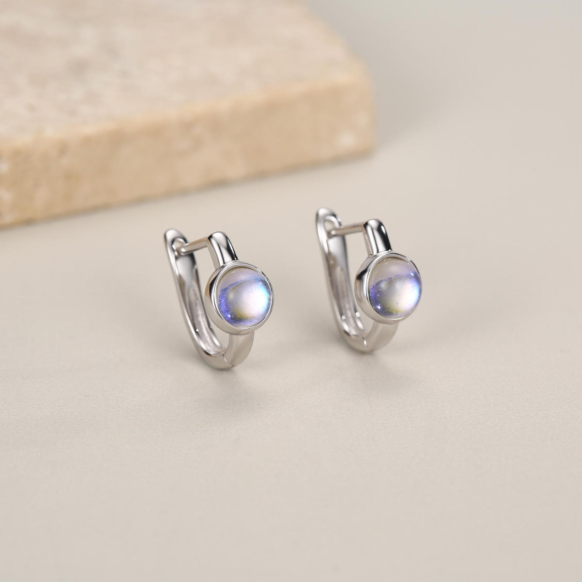 Moonstone Huggie Hoop Earrings in Sterling Silver, 5mm Moonstone Hoops, Moonstone Hoops, Simulated Moonstone Hoops