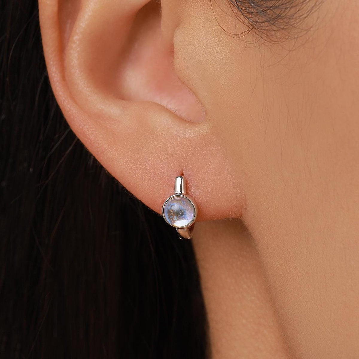 Moonstone Huggie Hoop Earrings in Sterling Silver, 5mm Moonstone Hoops, Moonstone Hoops, Simulated Moonstone Hoops