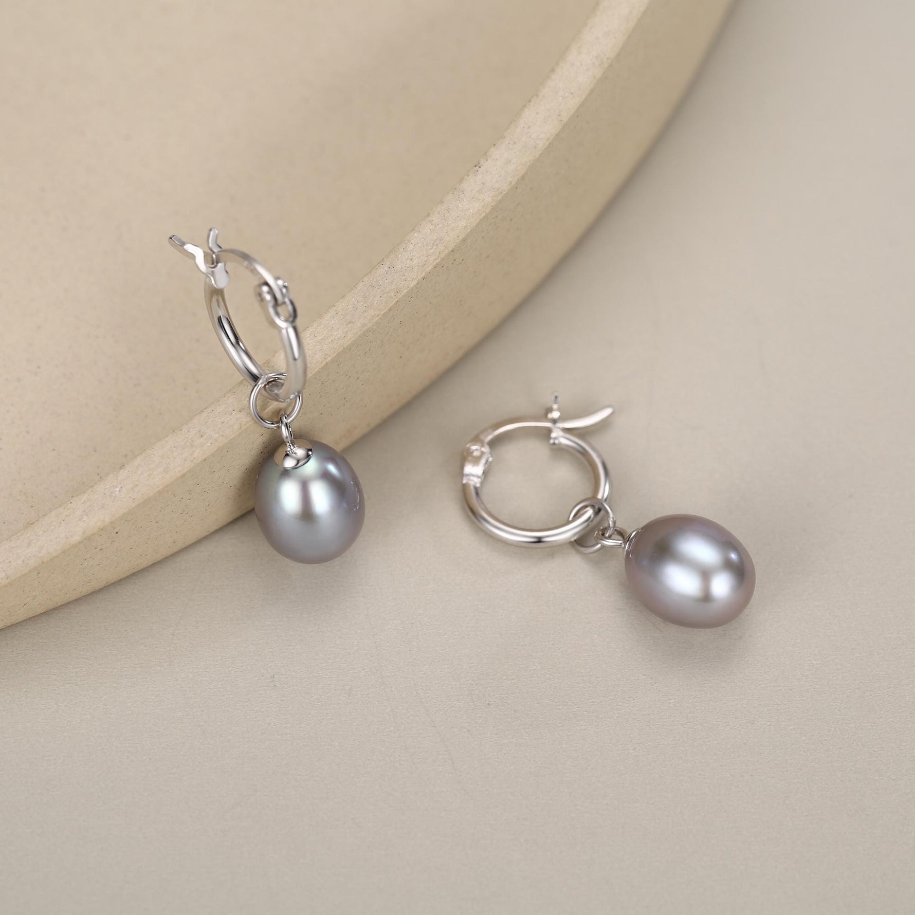Natural Grey Freshwater Pearl Huggie Hoop Earrings in Sterling Silver