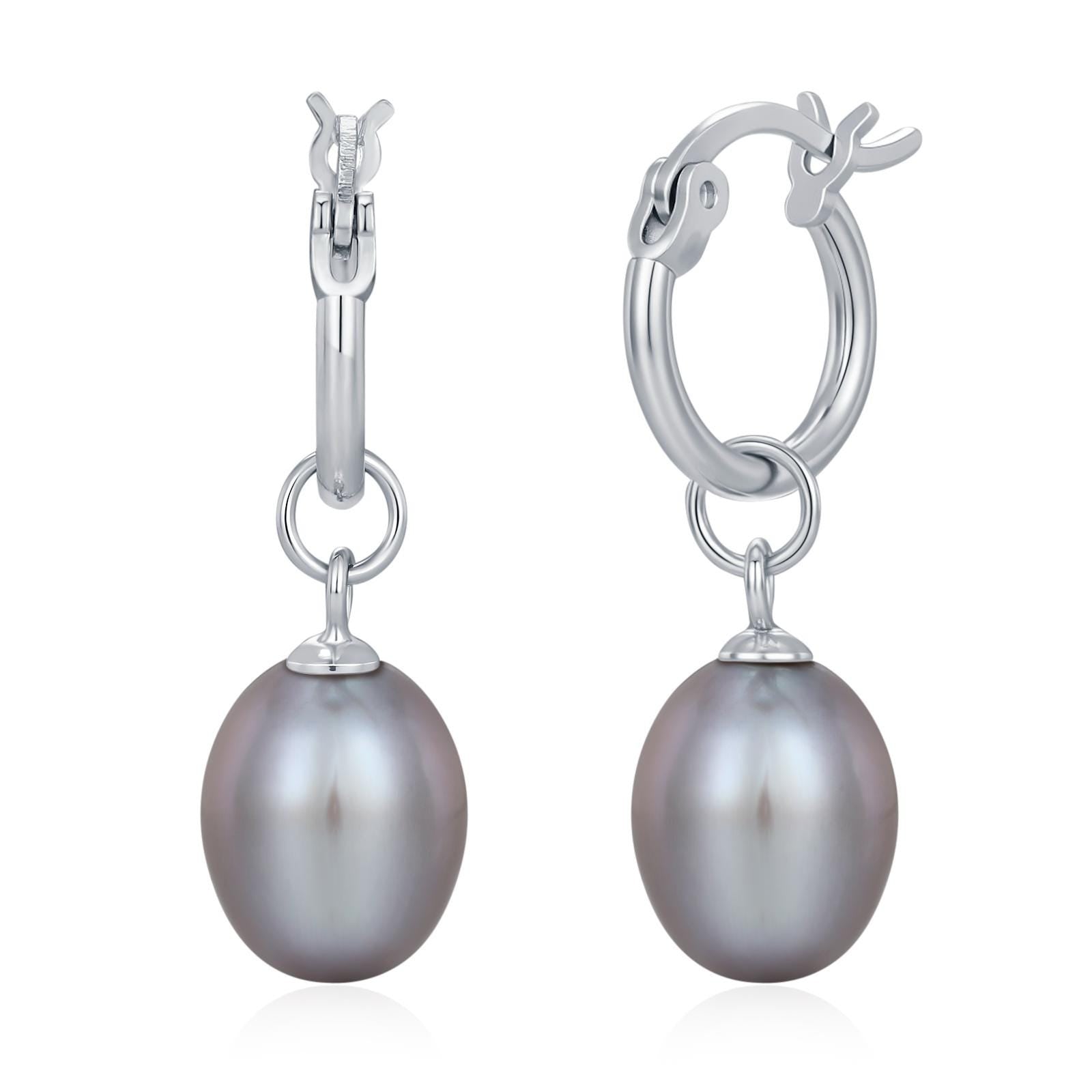 Natural Grey Freshwater Pearl Huggie Hoop Earrings in Sterling Silver