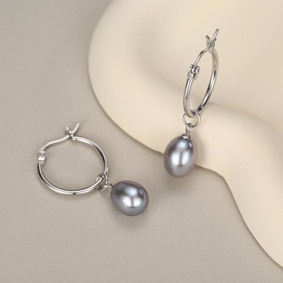 Natural Grey Freshwater Pearl Hoop Earrings in Sterling Silver