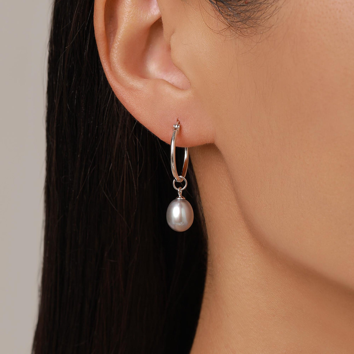 Natural Grey Freshwater Pearl Hoop Earrings in Sterling Silver