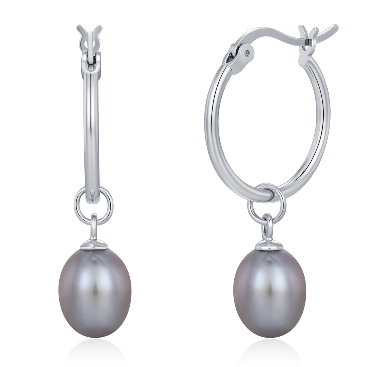 Natural Grey Freshwater Pearl Hoop Earrings in Sterling Silver