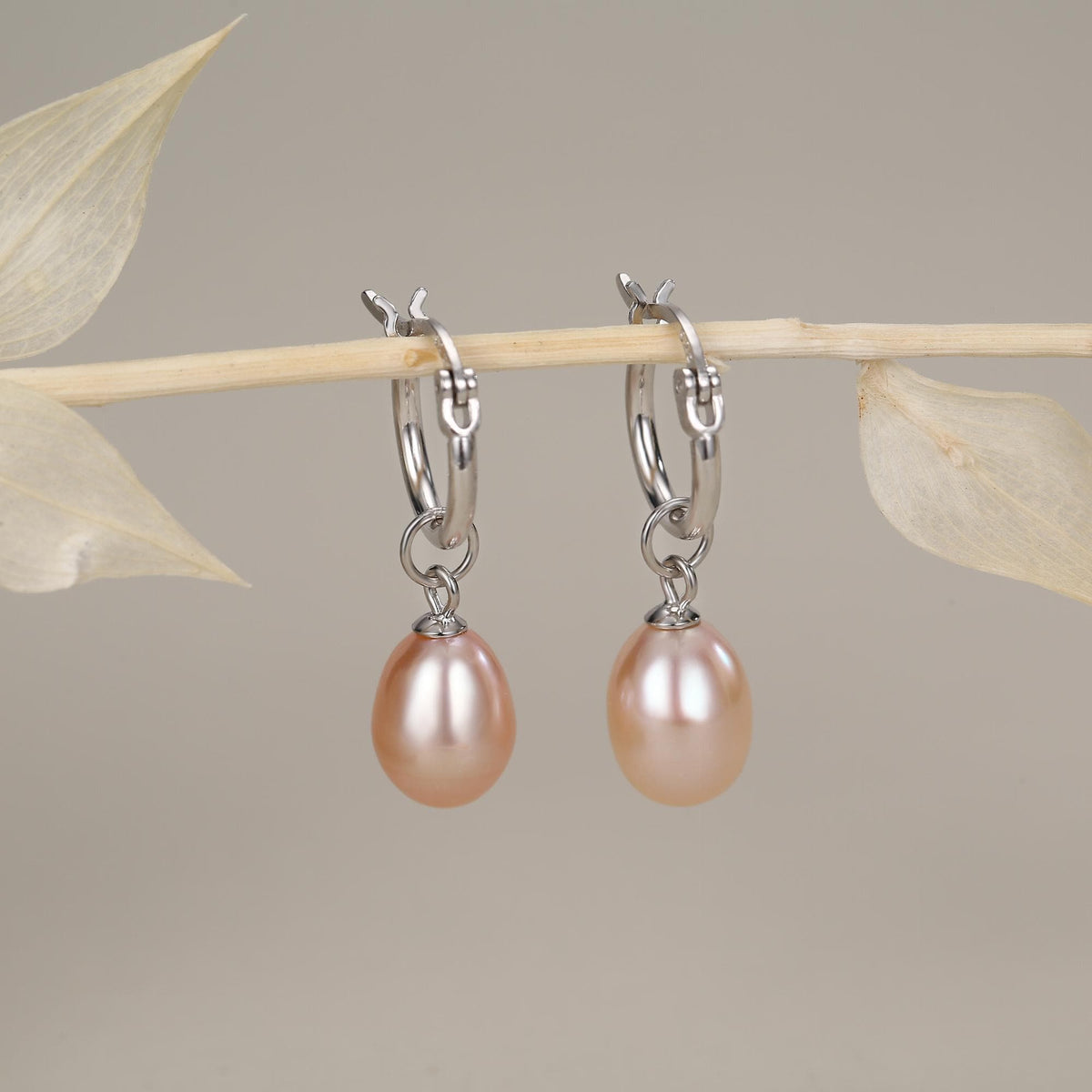 Natural Pink Freshwater Pearl Huggie Hoop Earrings in Sterling Silver