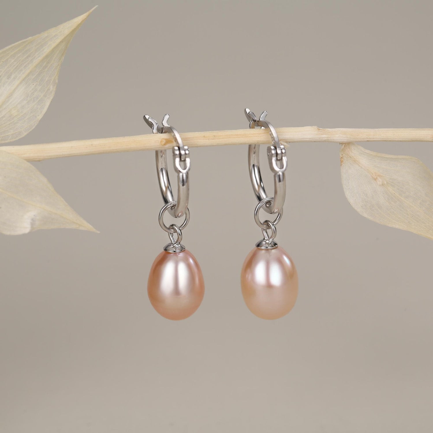 Natural Pink Freshwater Pearl Huggie Hoop Earrings in Sterling Silver