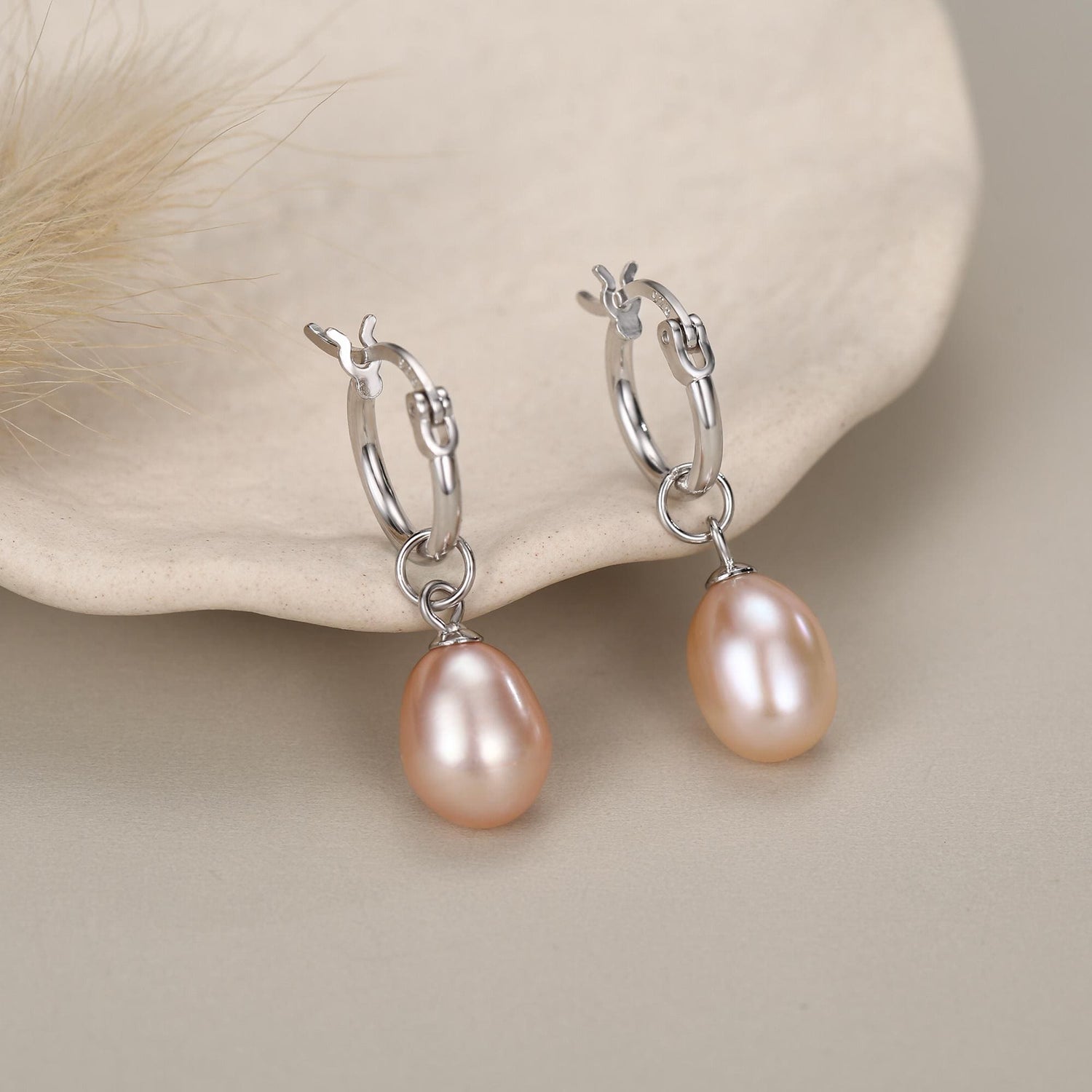 Natural Pink Freshwater Pearl Huggie Hoop Earrings in Sterling Silver