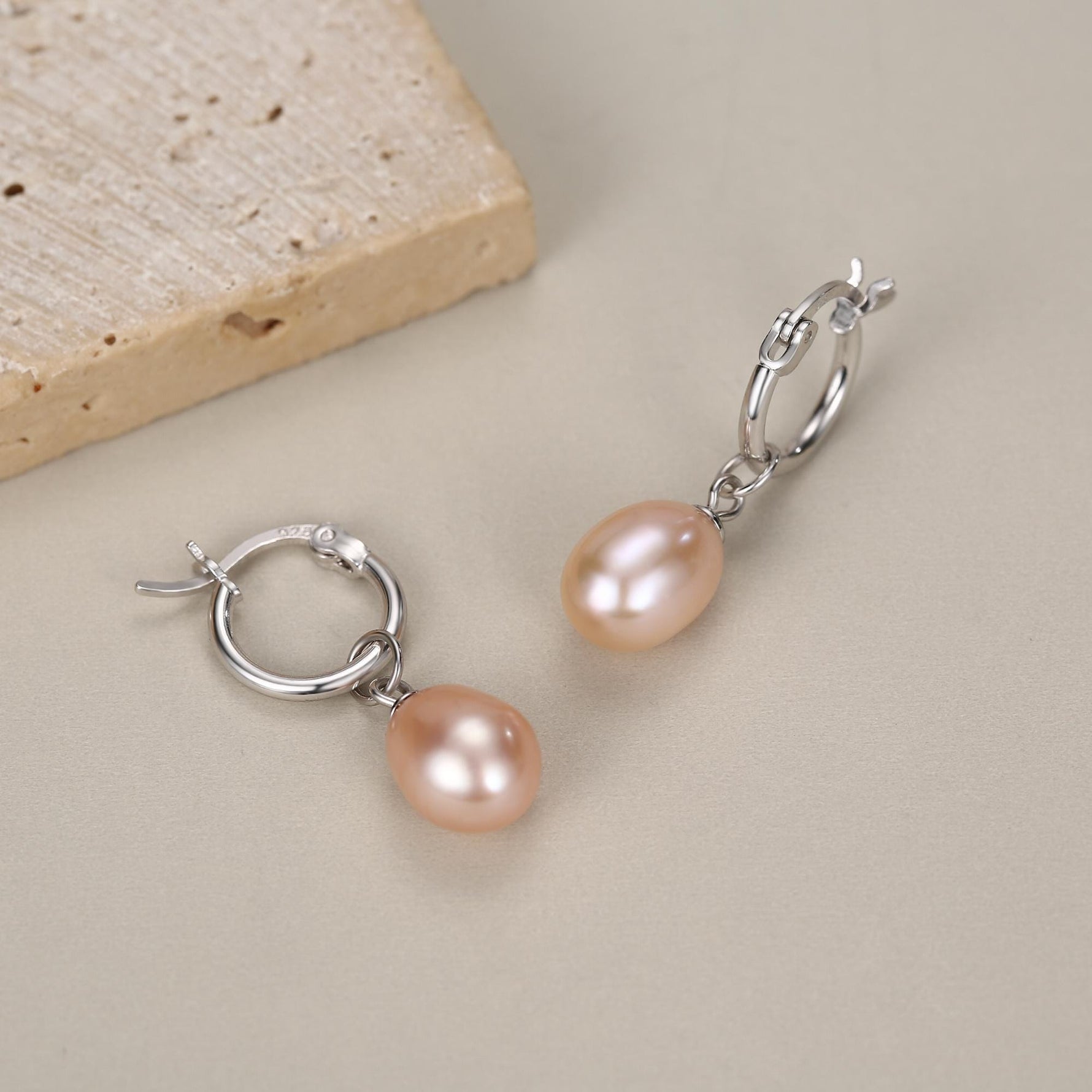 Natural Pink Freshwater Pearl Huggie Hoop Earrings in Sterling Silver