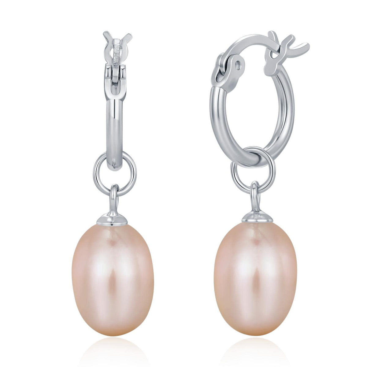 Natural Pink Freshwater Pearl Huggie Hoop Earrings in Sterling Silver