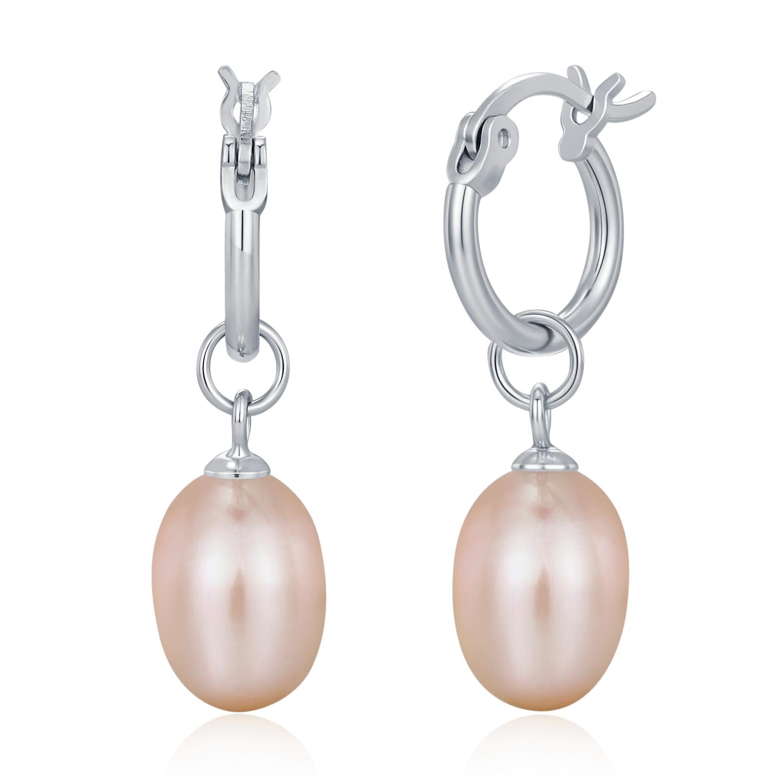 Natural Pink Freshwater Pearl Huggie Hoop Earrings in Sterling Silver