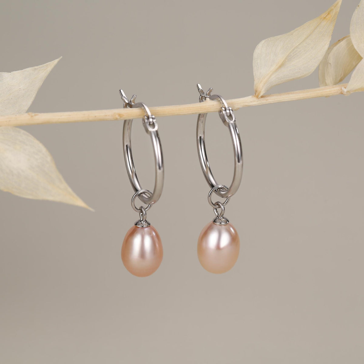 Natural Pink Freshwater Pearl Hoop Earrings in Sterling Silver