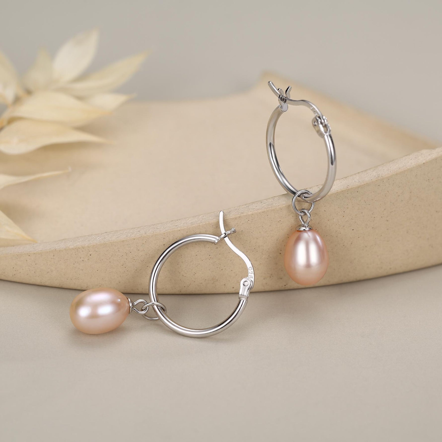 Natural Pink Freshwater Pearl Hoop Earrings in Sterling Silver