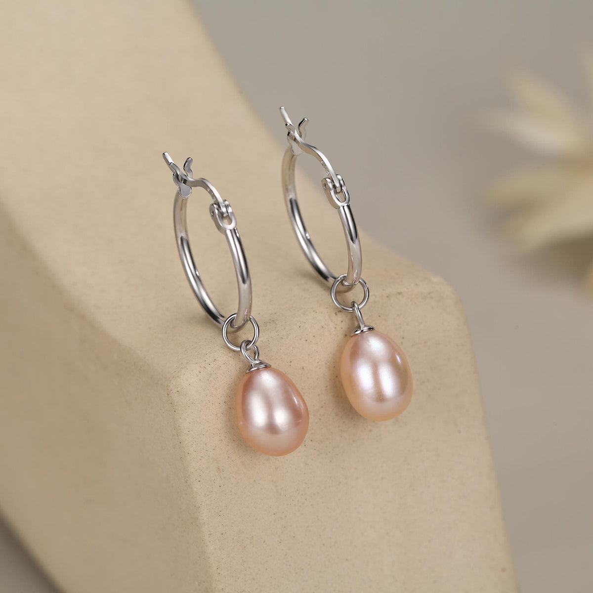 Natural Pink Freshwater Pearl Hoop Earrings in Sterling Silver