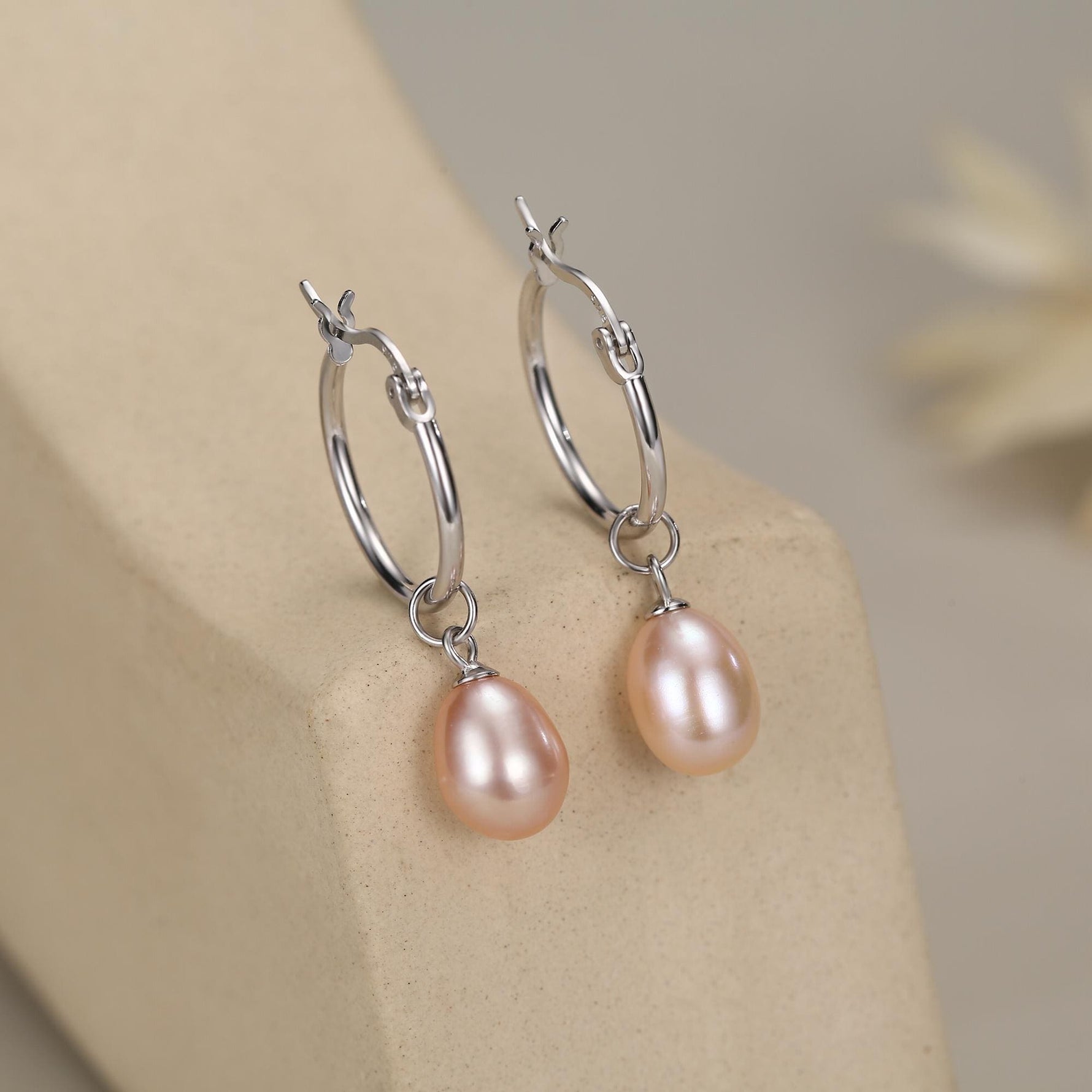 Natural Pink Freshwater Pearl Hoop Earrings in Sterling Silver