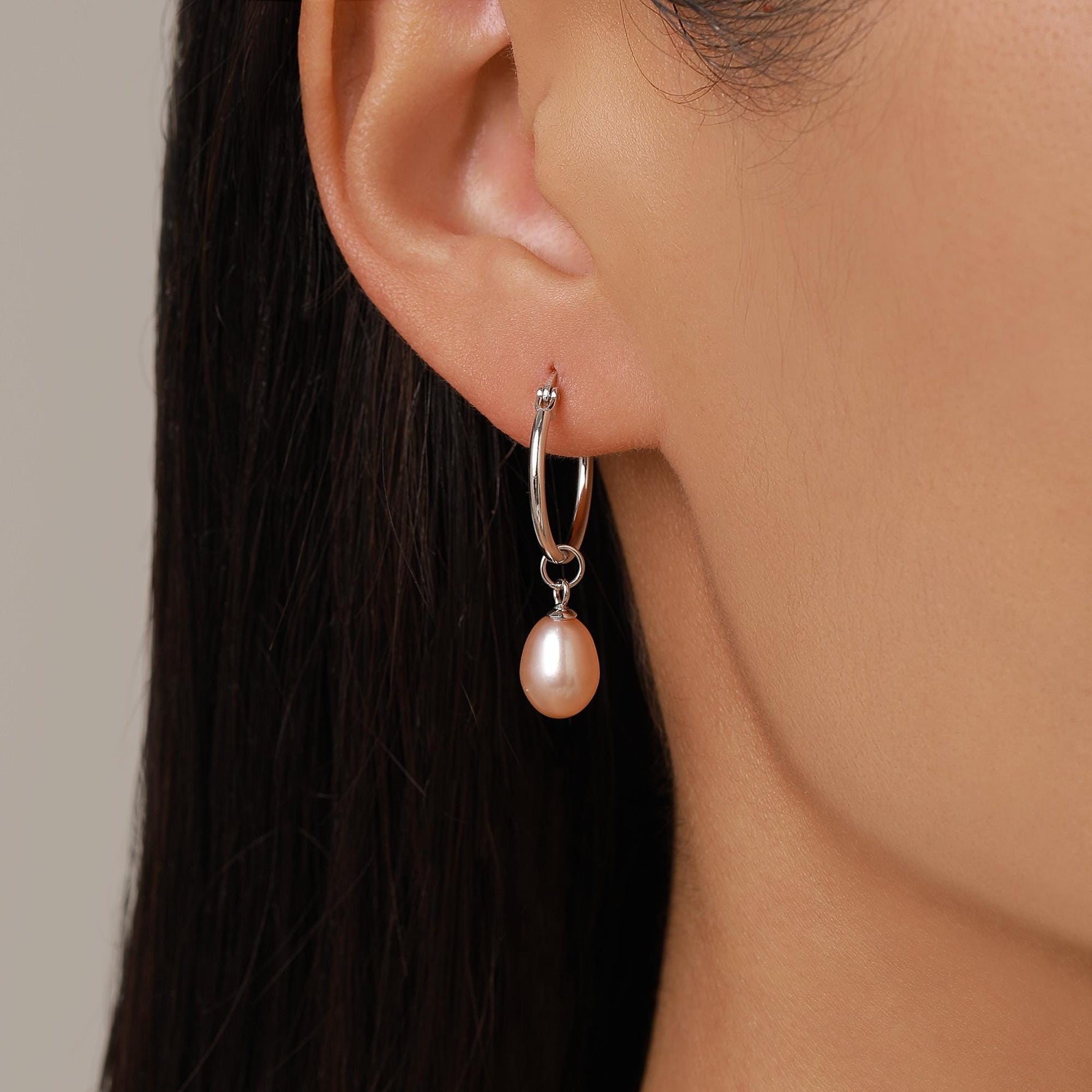 Natural Pink Freshwater Pearl Hoop Earrings in Sterling Silver