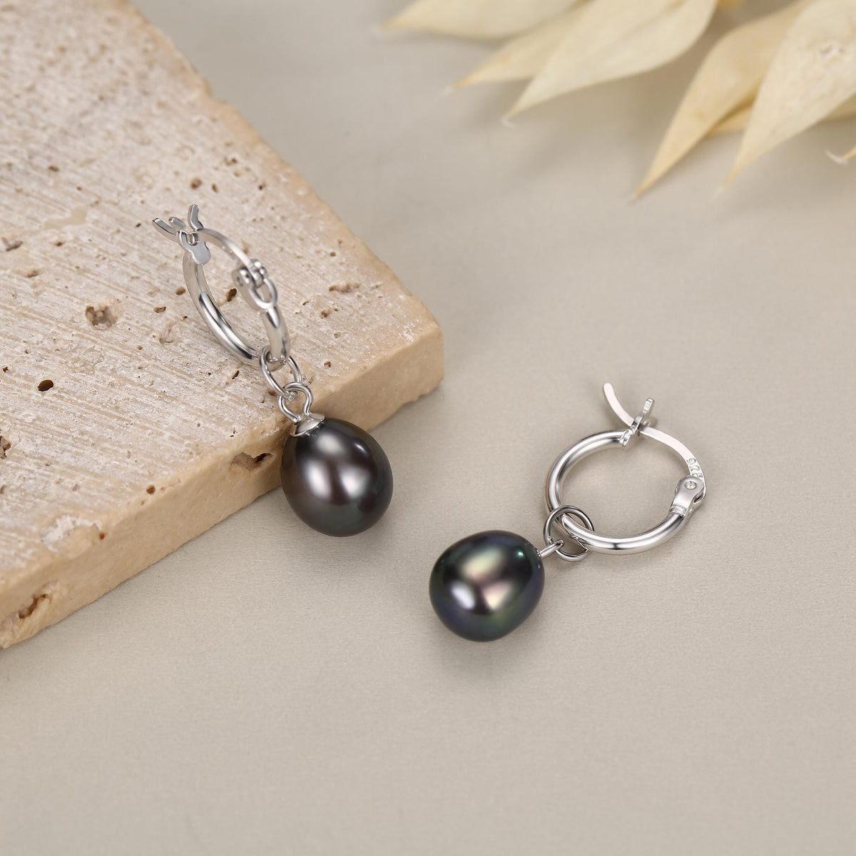 Natural Black Freshwater Pearl Huggie Hoop Earrings in Sterling Silver