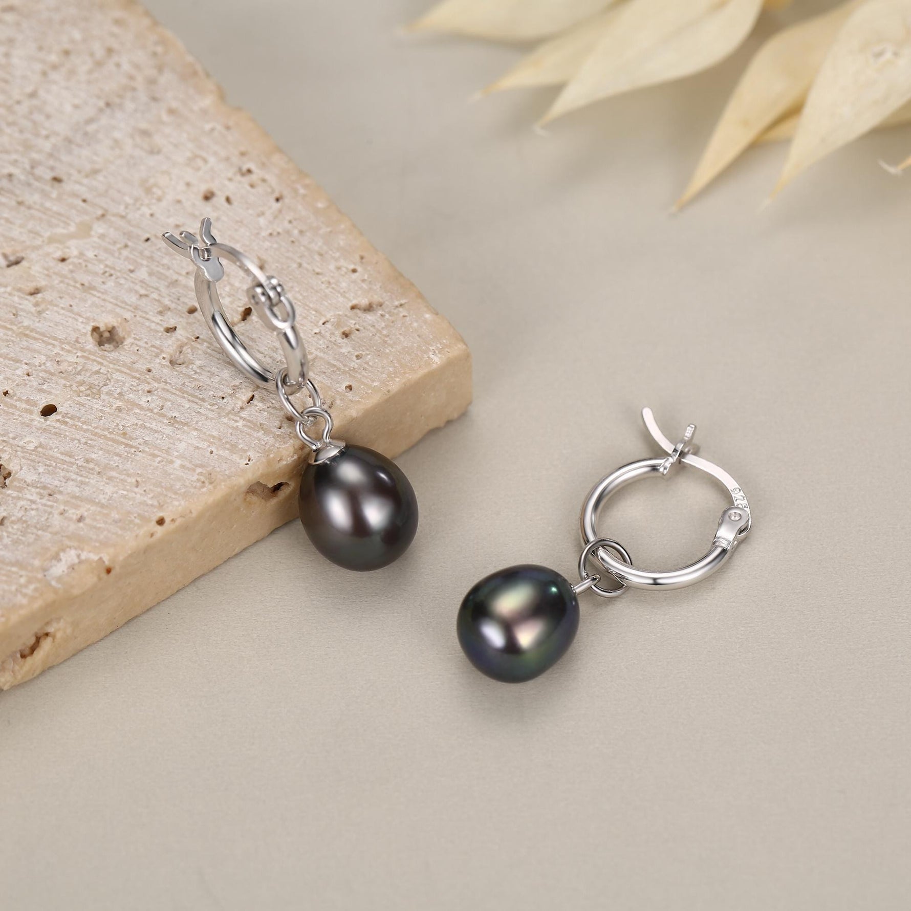 Natural Black Freshwater Pearl Huggie Hoop Earrings in Sterling Silver