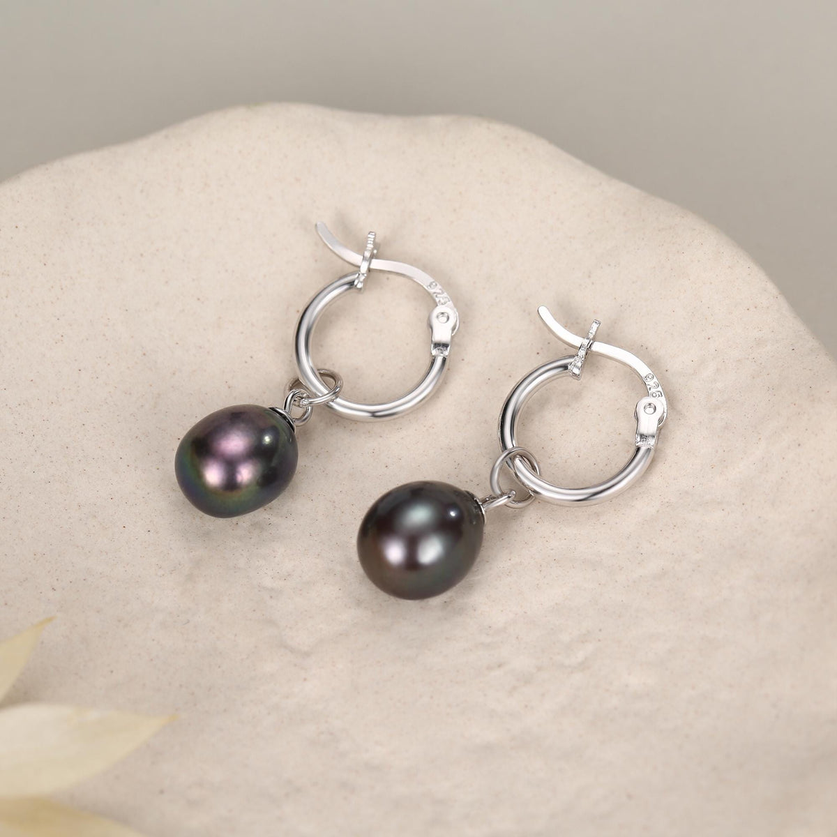 Natural Black Freshwater Pearl Huggie Hoop Earrings in Sterling Silver
