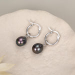 Natural Black Freshwater Pearl Huggie Hoop Earrings in Sterling Silver