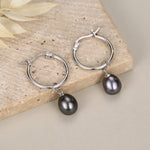 Natural Black Freshwater Pearl Hoop Earrings in Sterling Silver