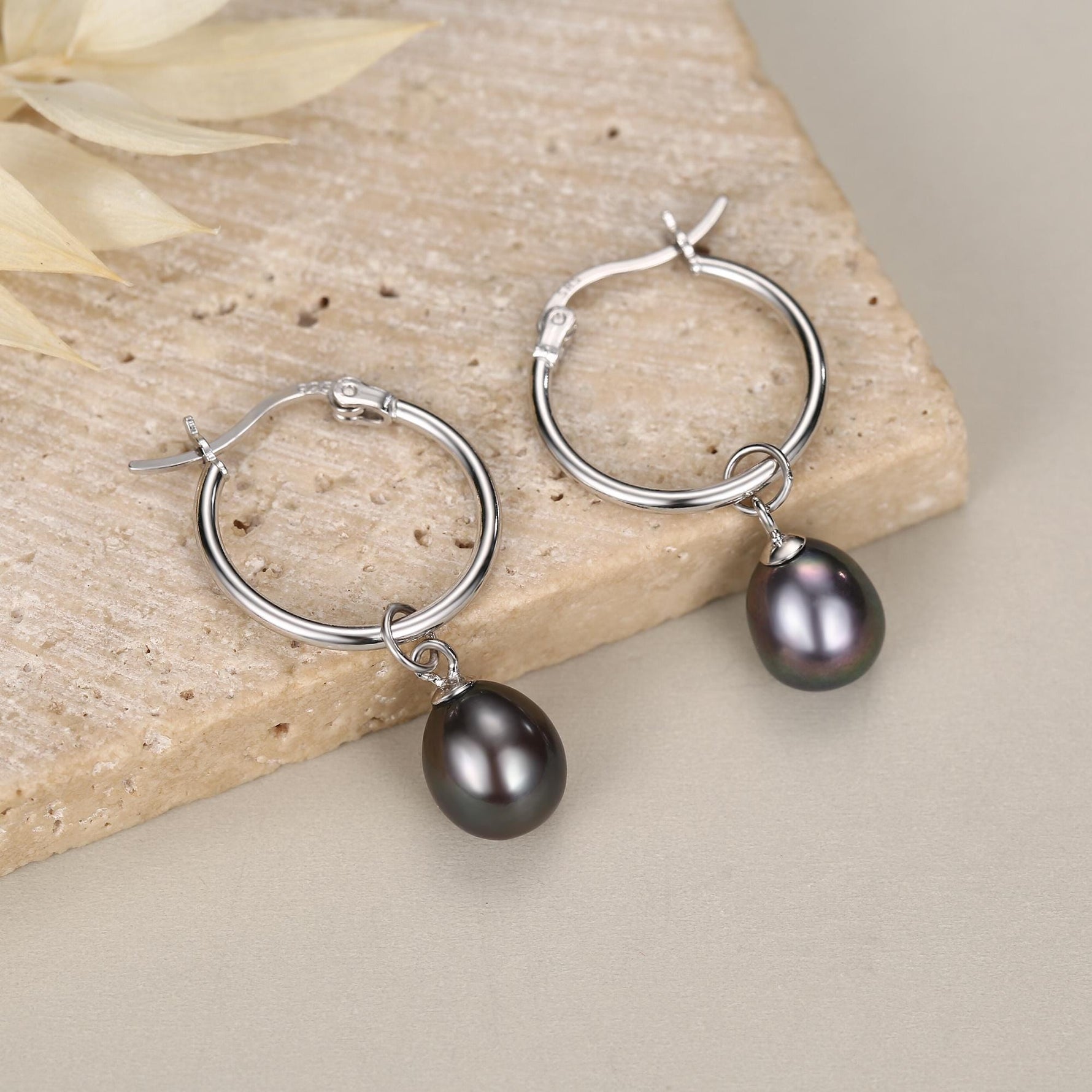 Natural Black Freshwater Pearl Hoop Earrings in Sterling Silver