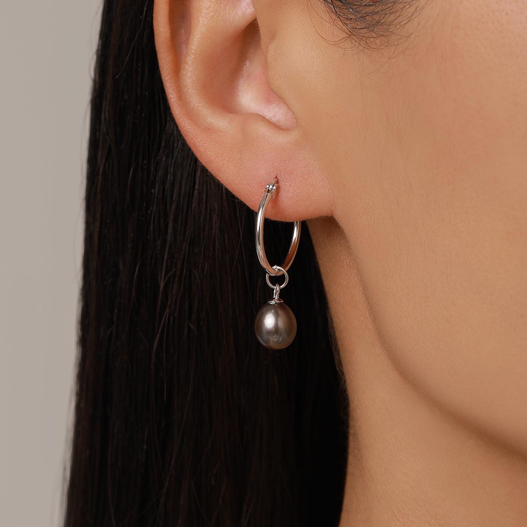 Natural Black Freshwater Pearl Hoop Earrings in Sterling Silver