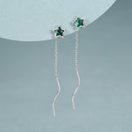 Emerald Green Star Bezel CZ Crystal Threader Earrings in Sterling Silver, Silver or Gold, Minimalist Star Cut Ear Threaders