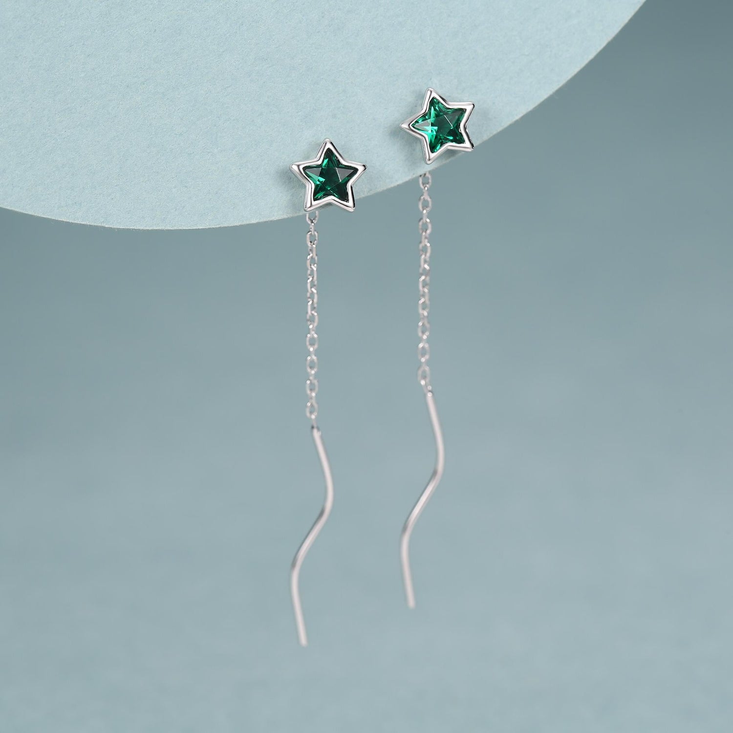 Emerald Green Star Bezel CZ Crystal Threader Earrings in Sterling Silver, Silver or Gold, Minimalist Star Cut Ear Threaders
