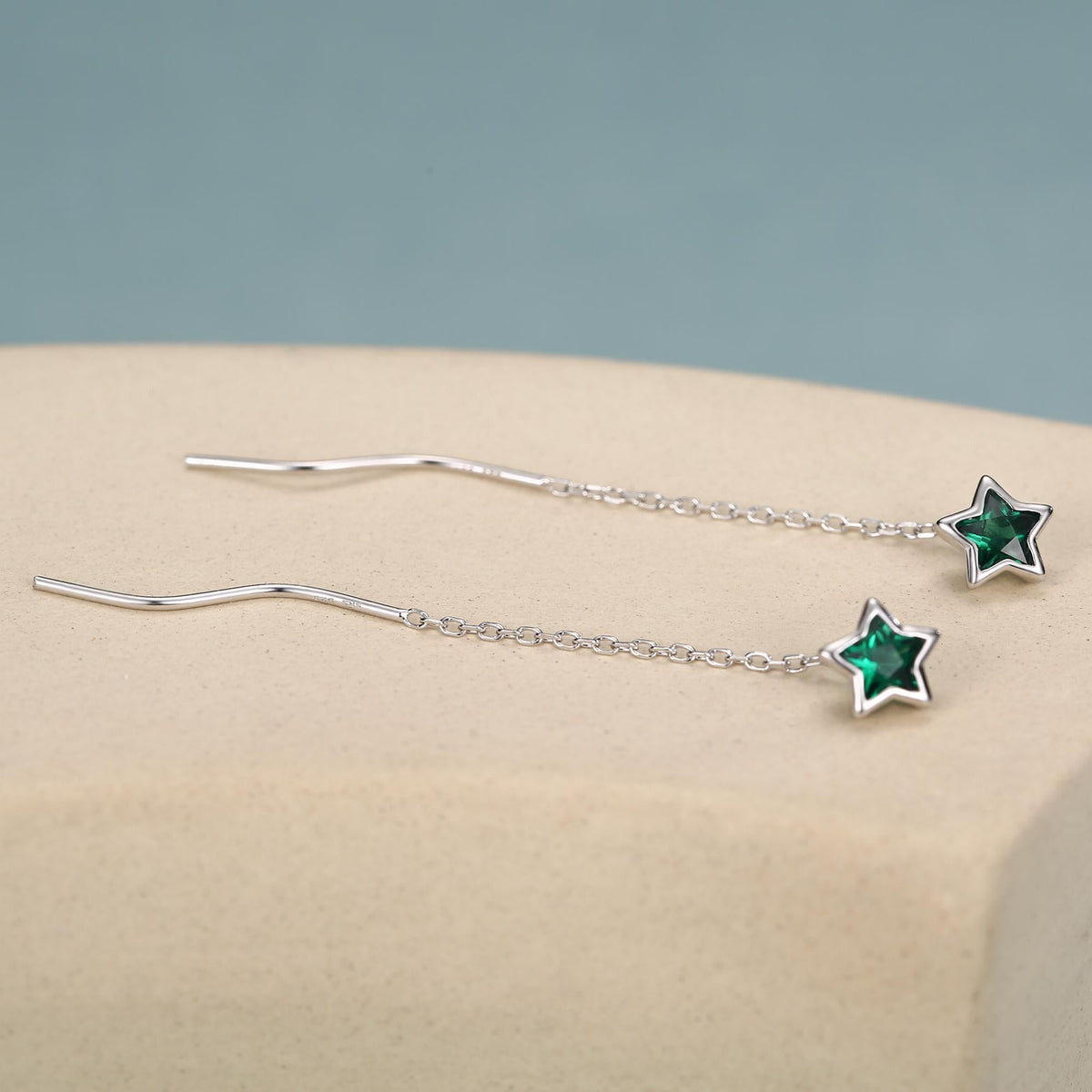 Emerald Green Star Bezel CZ Crystal Threader Earrings in Sterling Silver, Silver or Gold, Minimalist Star Cut Ear Threaders