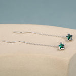 Emerald Green Star Bezel CZ Crystal Threader Earrings in Sterling Silver, Silver or Gold, Minimalist Star Cut Ear Threaders