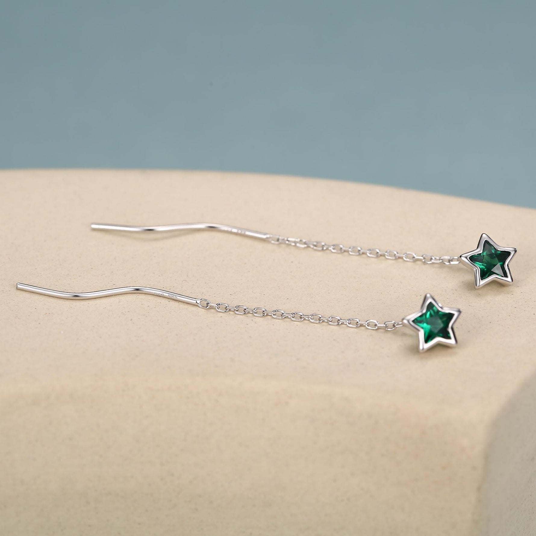 Emerald Green Star Bezel CZ Crystal Threader Earrings in Sterling Silver, Silver or Gold, Minimalist Star Cut Ear Threaders
