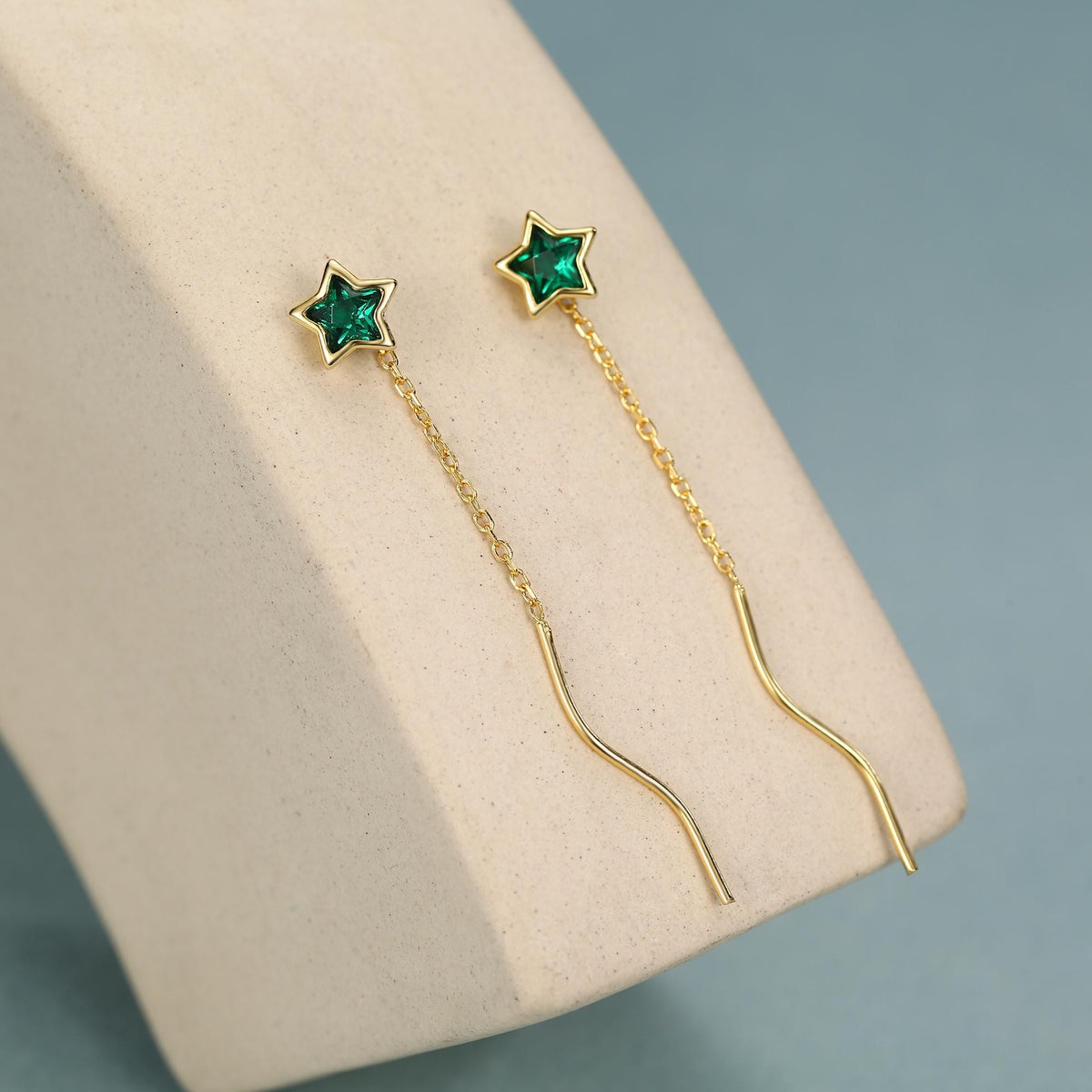 Emerald Green Star Bezel CZ Crystal Threader Earrings in Sterling Silver, Silver or Gold, Minimalist Star Cut Ear Threaders