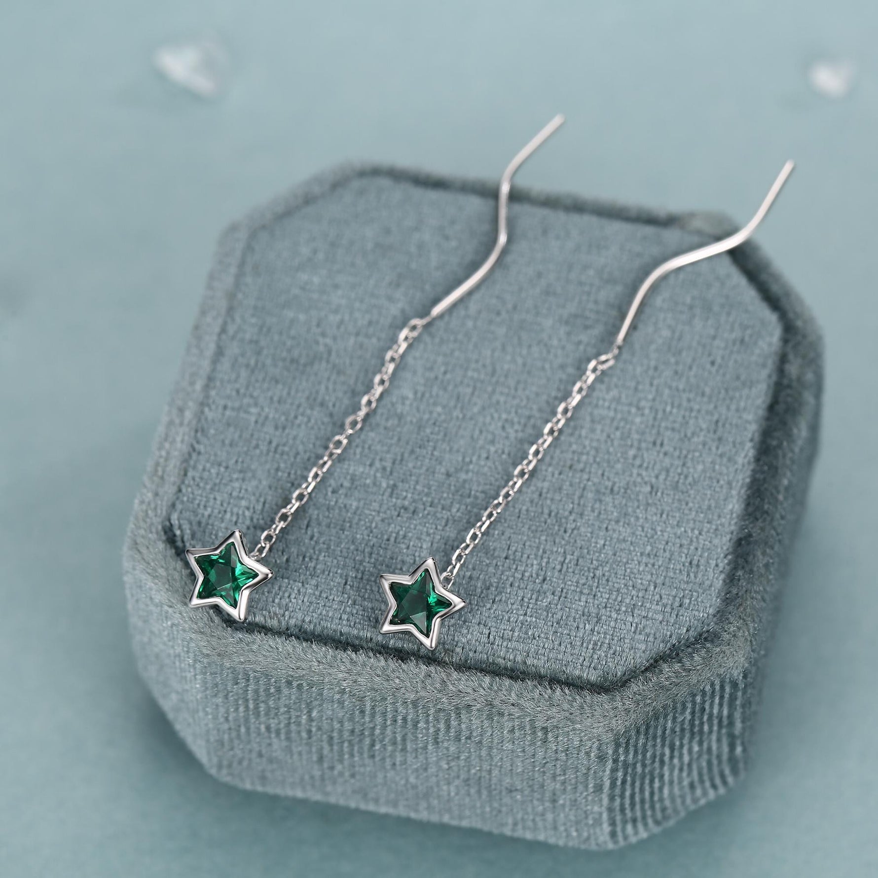 Emerald Green Star Bezel CZ Crystal Threader Earrings in Sterling Silver, Silver or Gold, Minimalist Star Cut Ear Threaders