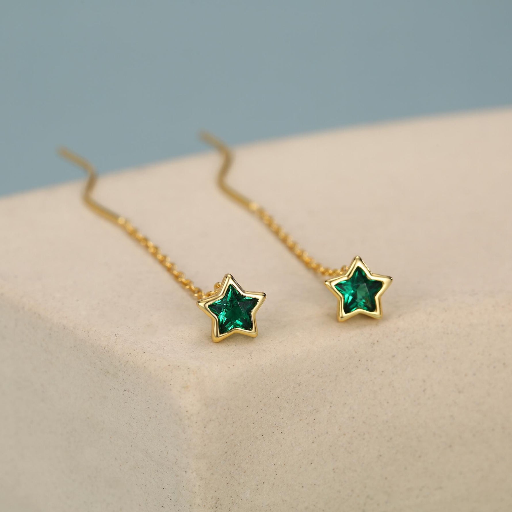 Emerald Green Star Bezel CZ Crystal Threader Earrings in Sterling Silver, Silver or Gold, Minimalist Star Cut Ear Threaders