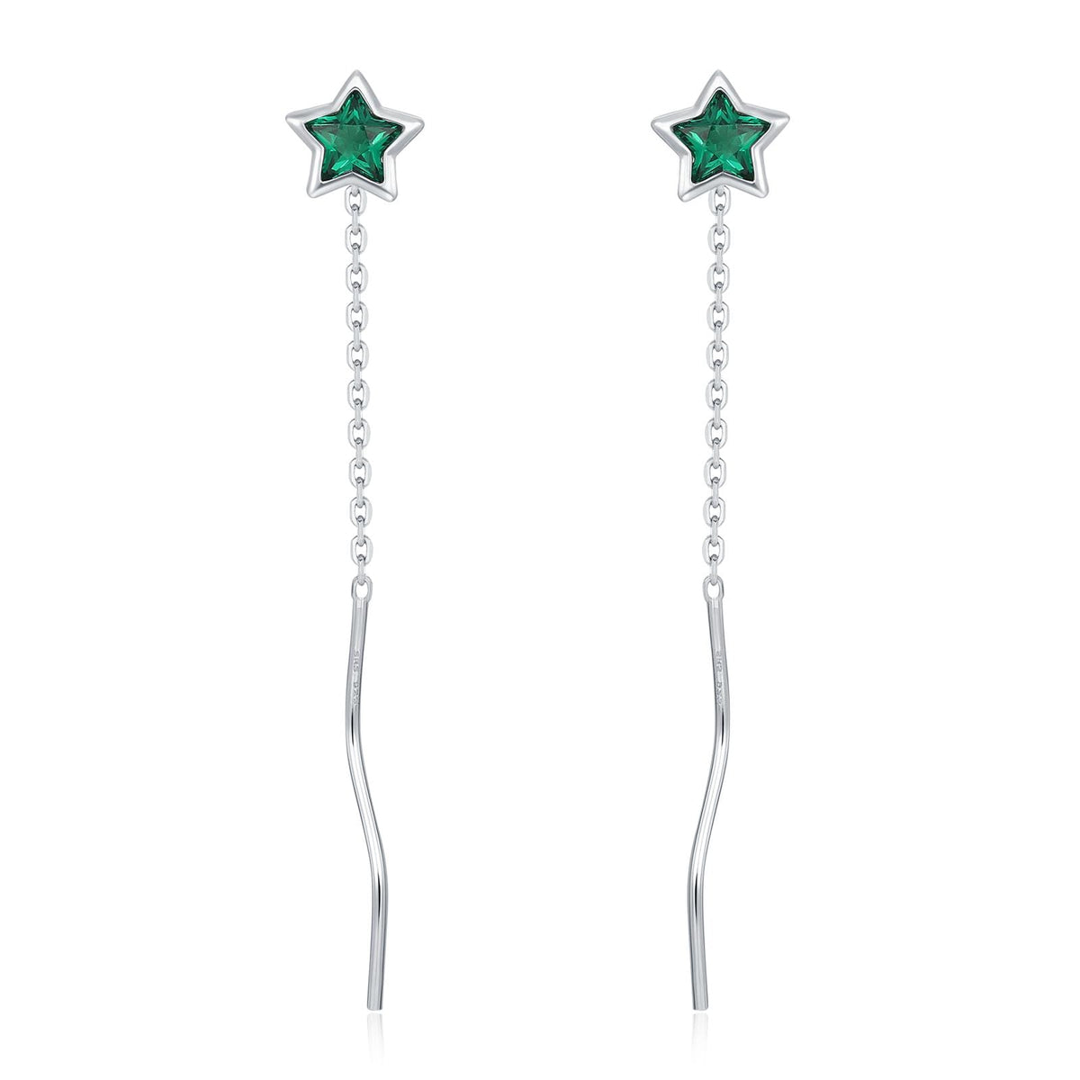 Emerald Green Star Bezel CZ Crystal Threader Earrings in Sterling Silver, Silver or Gold, Minimalist Star Cut Ear Threaders