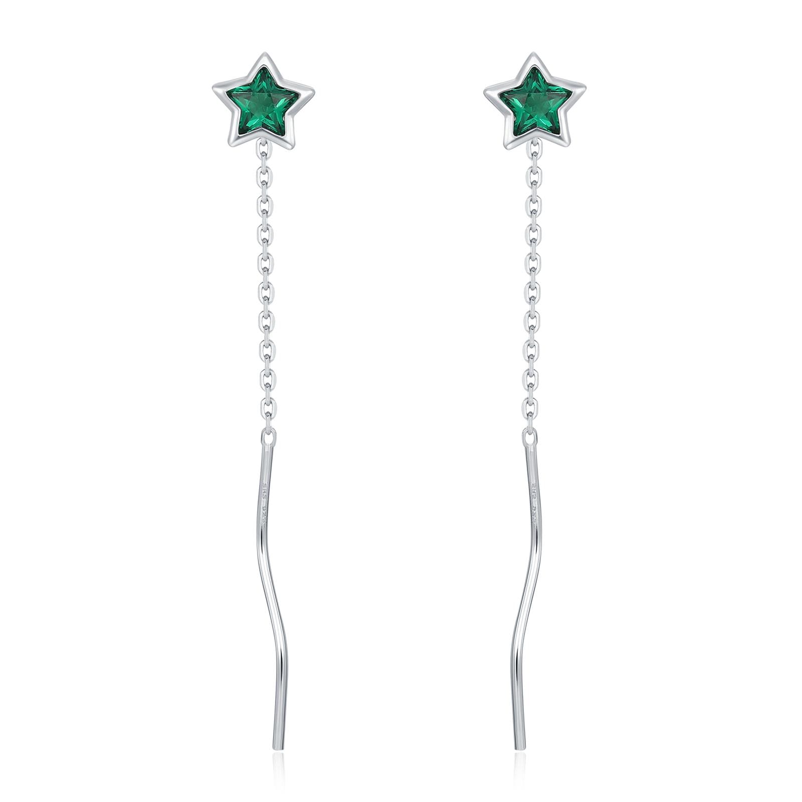 Emerald Green Star Bezel CZ Crystal Threader Earrings in Sterling Silver, Silver or Gold, Minimalist Star Cut Ear Threaders