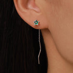 Emerald Green Star Bezel CZ Crystal Threader Earrings in Sterling Silver, Silver or Gold, Minimalist Star Cut Ear Threaders