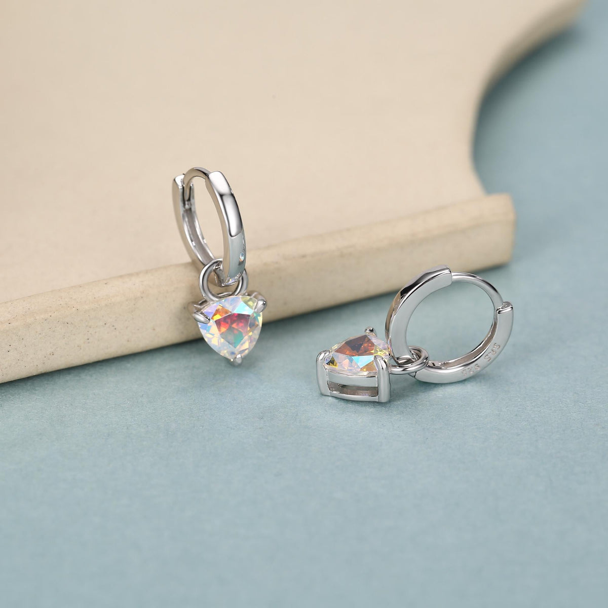 Sterling Silver Aurora AB CZ Trillion Cut Hoop Earrings, Silver or Gold, Triangle Dangle Hoop Earrings, Interchangeable Charm