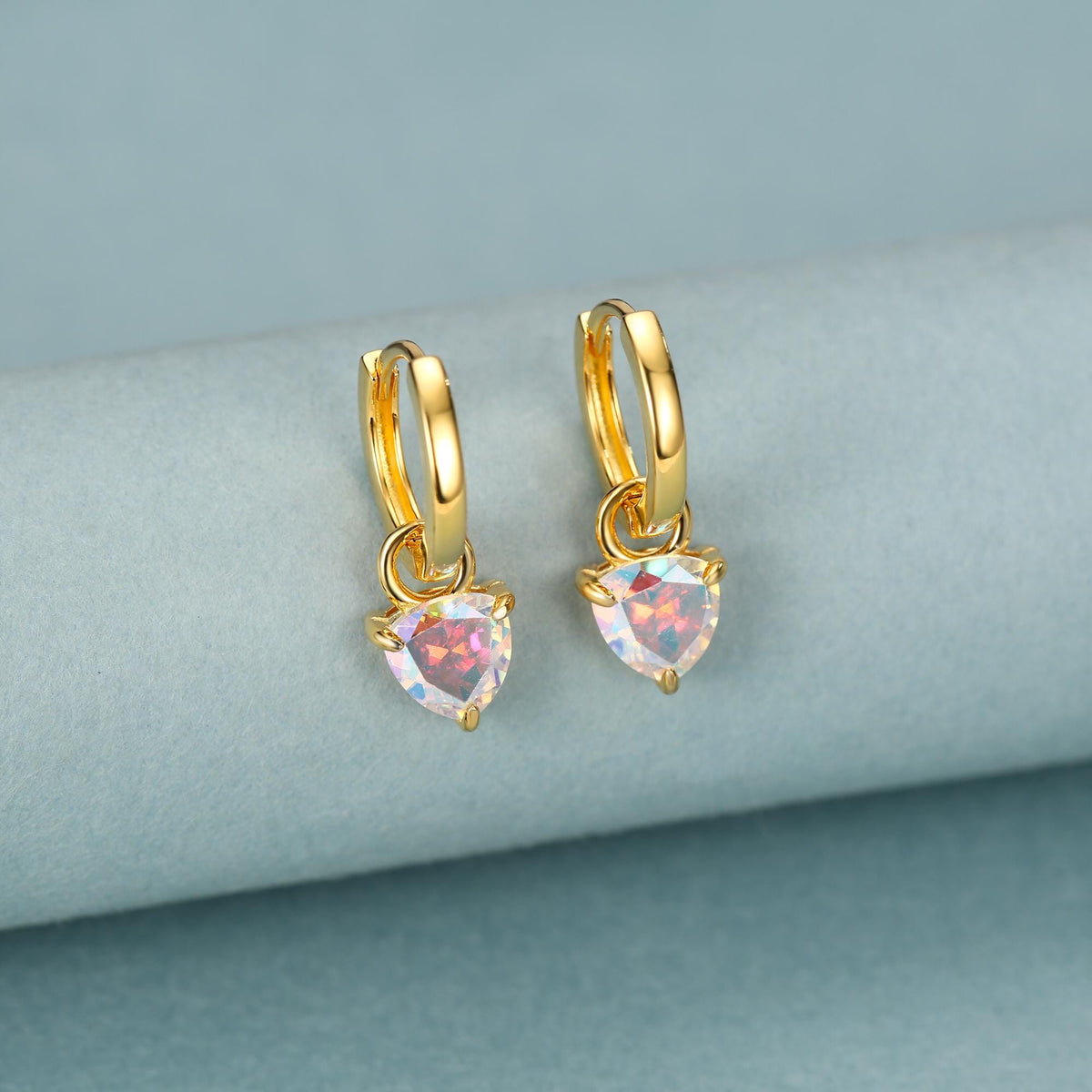 Sterling Silver Aurora AB CZ Trillion Cut Hoop Earrings, Silver or Gold, Triangle Dangle Hoop Earrings, Interchangeable Charm