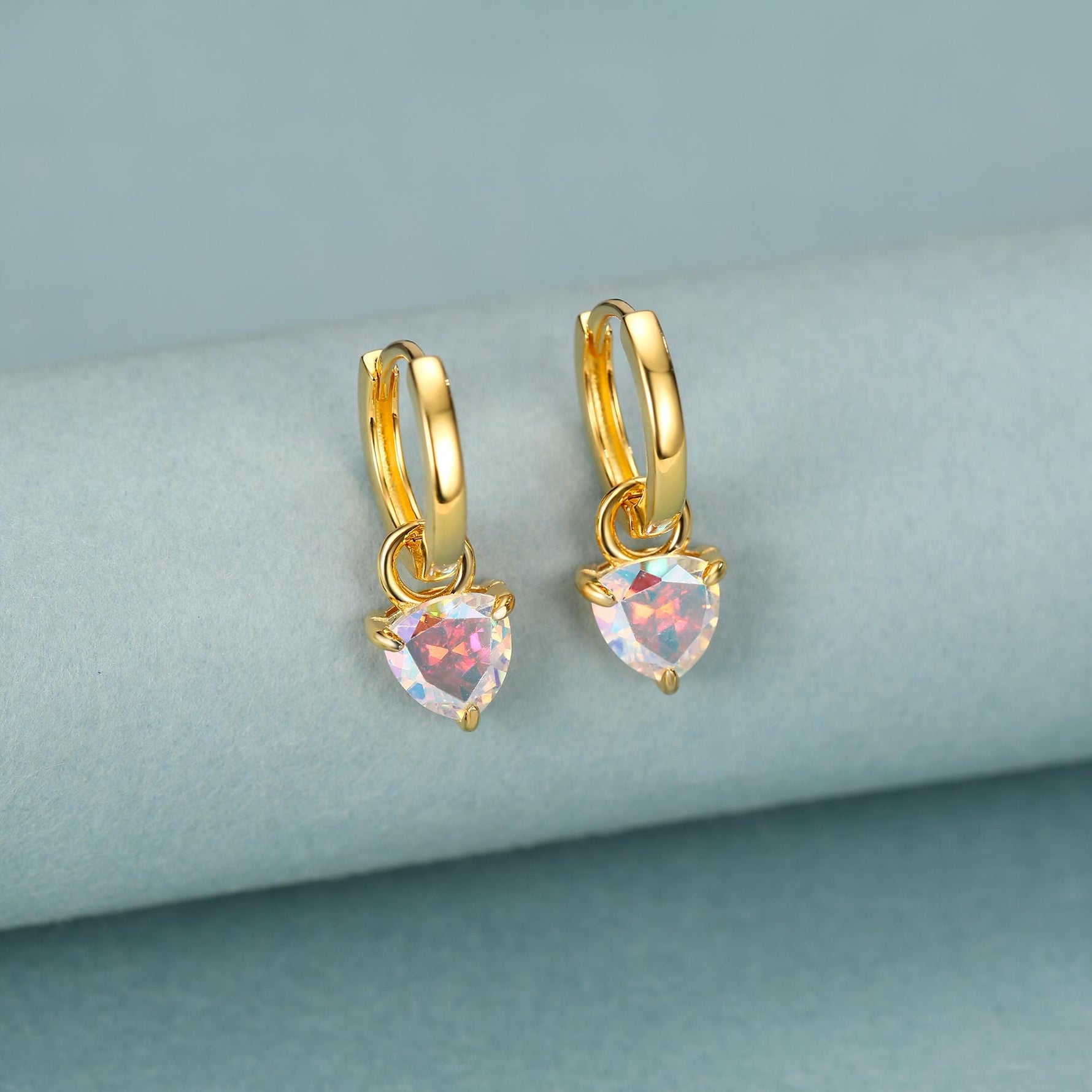 Sterling Silver Aurora AB CZ Trillion Cut Hoop Earrings, Silver or Gold, Triangle Dangle Hoop Earrings, Interchangeable Charm