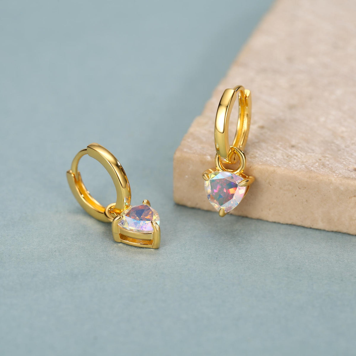 Sterling Silver Aurora AB CZ Trillion Cut Hoop Earrings, Silver or Gold, Triangle Dangle Hoop Earrings, Interchangeable Charm