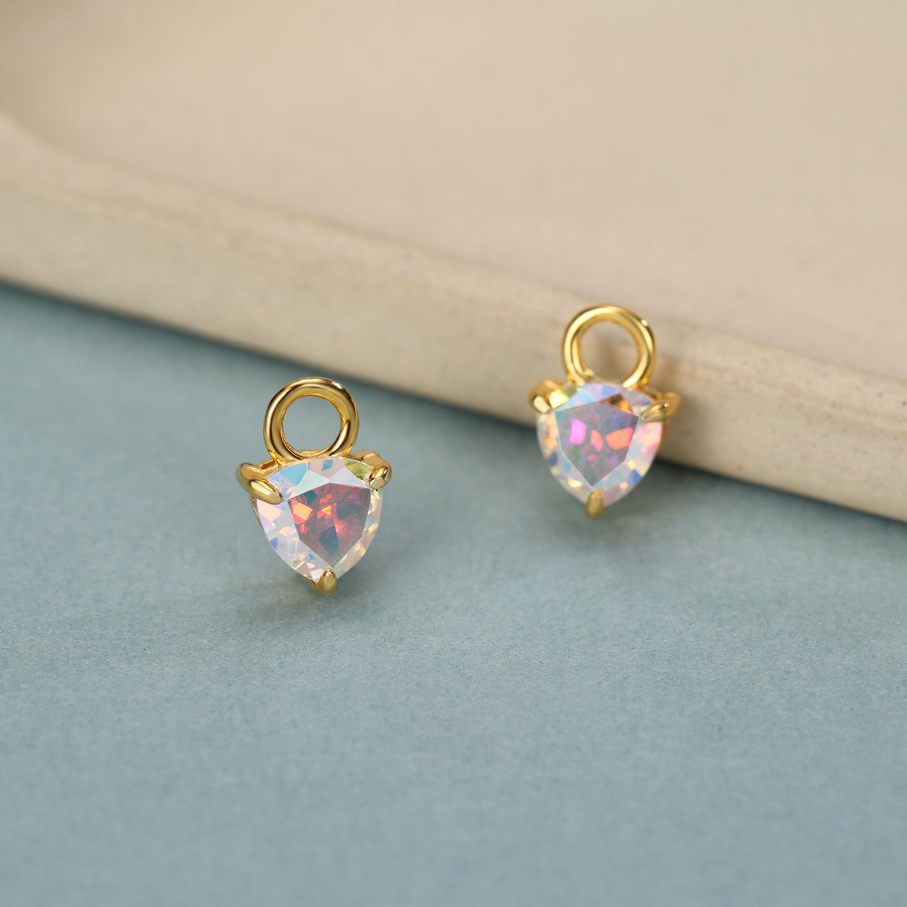 Sterling Silver Aurora AB CZ Trillion Cut Hoop Earrings, Silver or Gold, Triangle Dangle Hoop Earrings, Interchangeable Charm