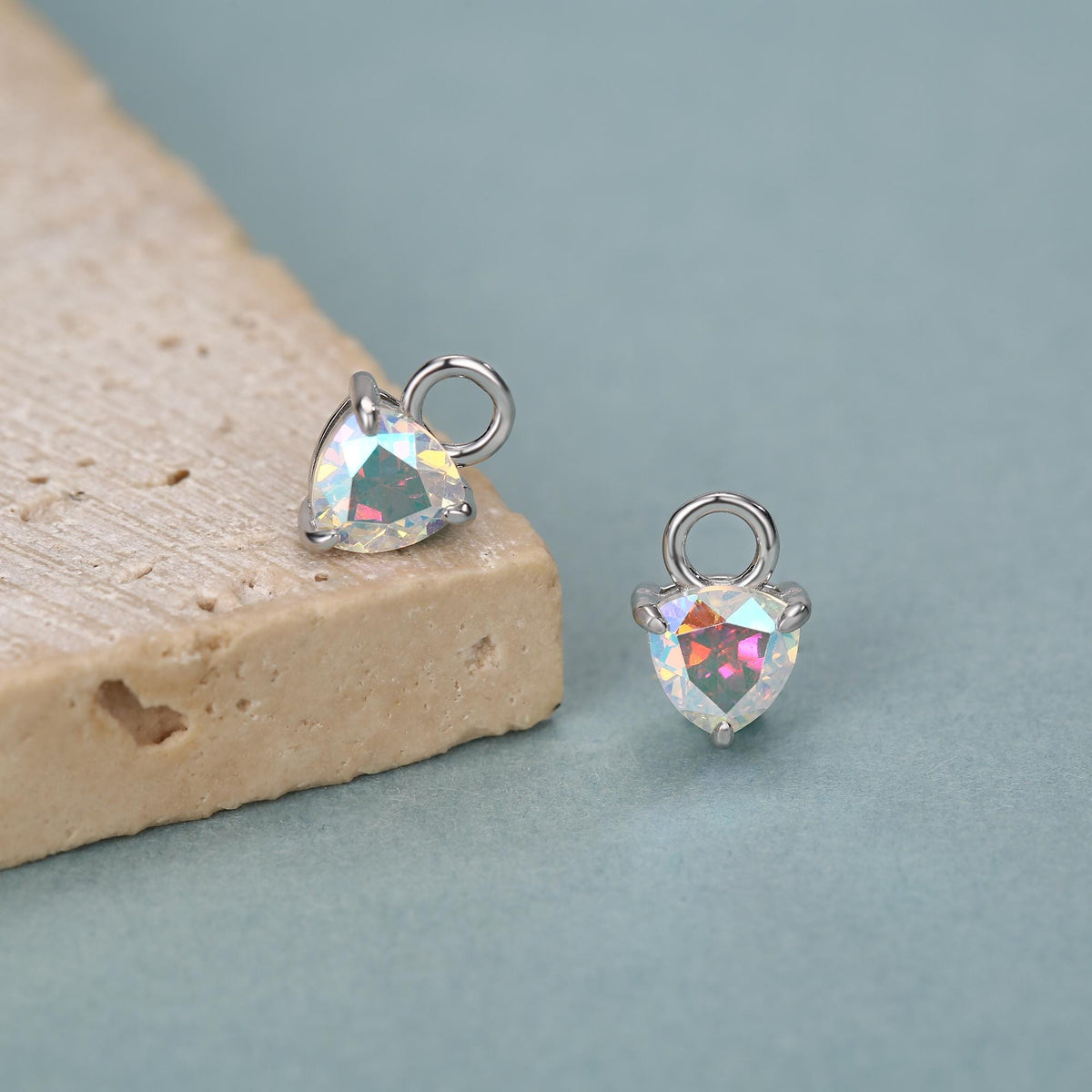 Sterling Silver Aurora AB CZ Trillion Cut Hoop Earrings, Silver or Gold, Triangle Dangle Hoop Earrings, Interchangeable Charm