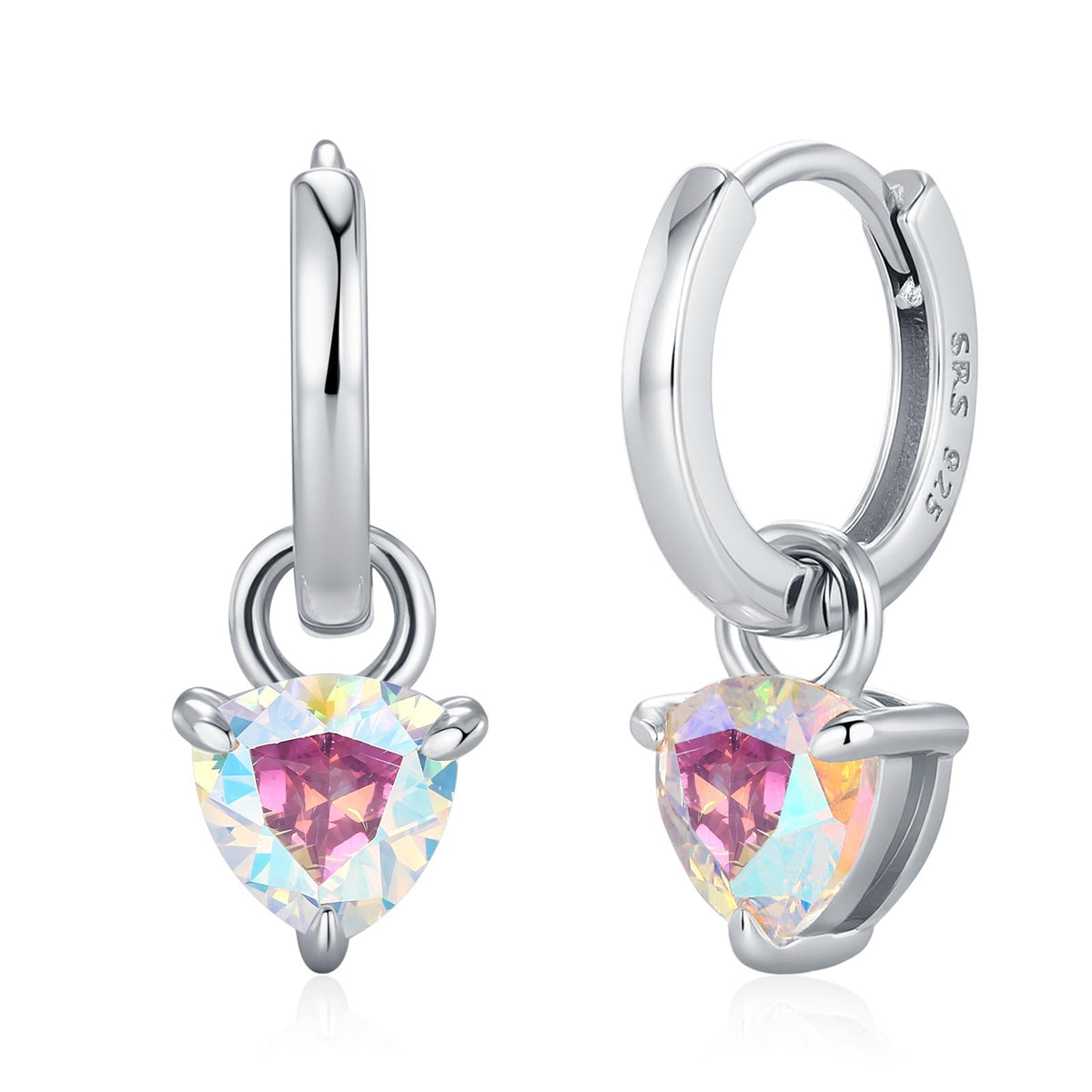 Sterling Silver Aurora AB CZ Trillion Cut Hoop Earrings, Silver or Gold, Triangle Dangle Hoop Earrings, Interchangeable Charm