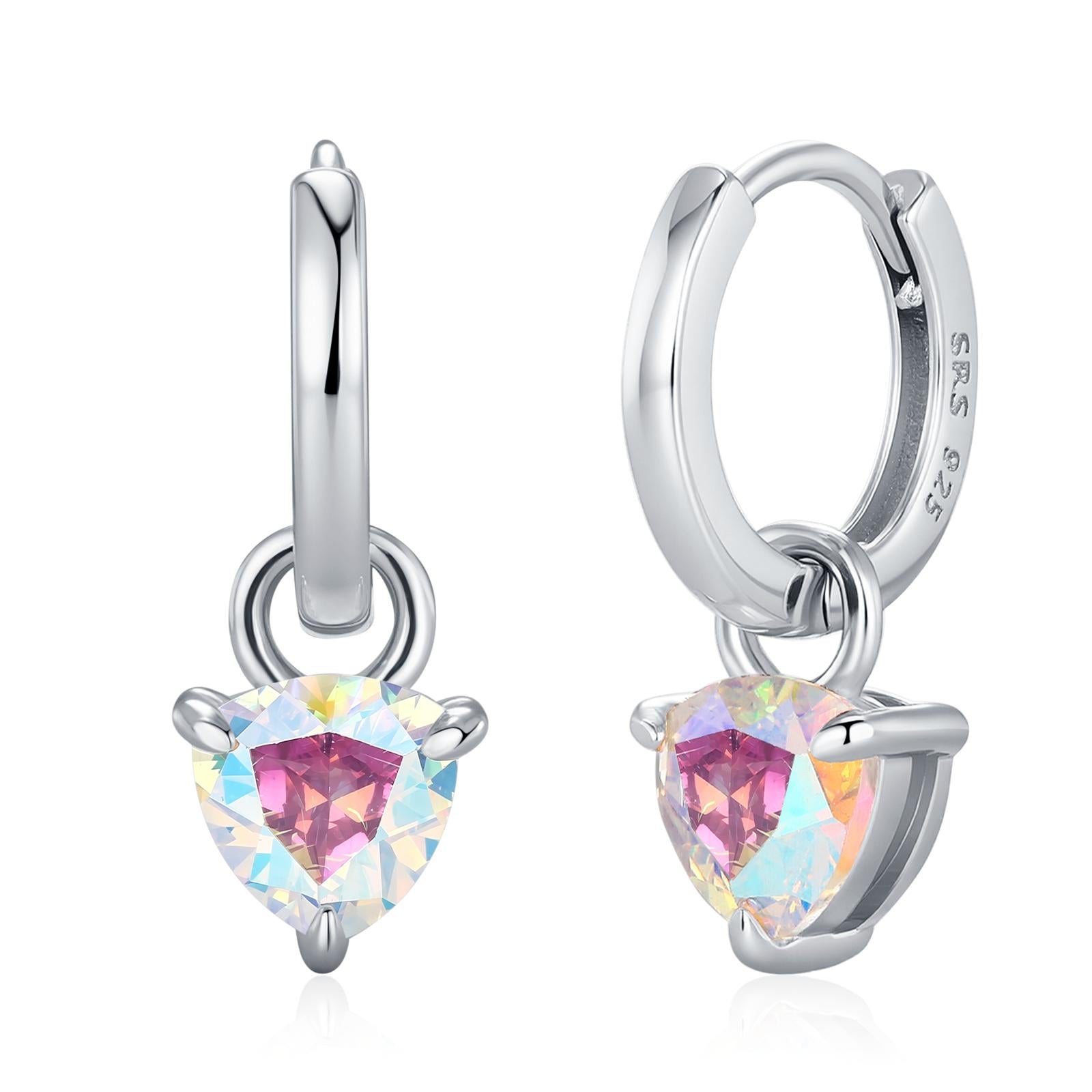 Sterling Silver Aurora AB CZ Trillion Cut Hoop Earrings, Silver or Gold, Triangle Dangle Hoop Earrings, Interchangeable Charm