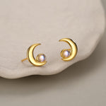 Cresent Moon with Moonstone Stud Earrings in Sterling Silver, Moon Earrings, Moon Stud, Celestial Moon Earrings