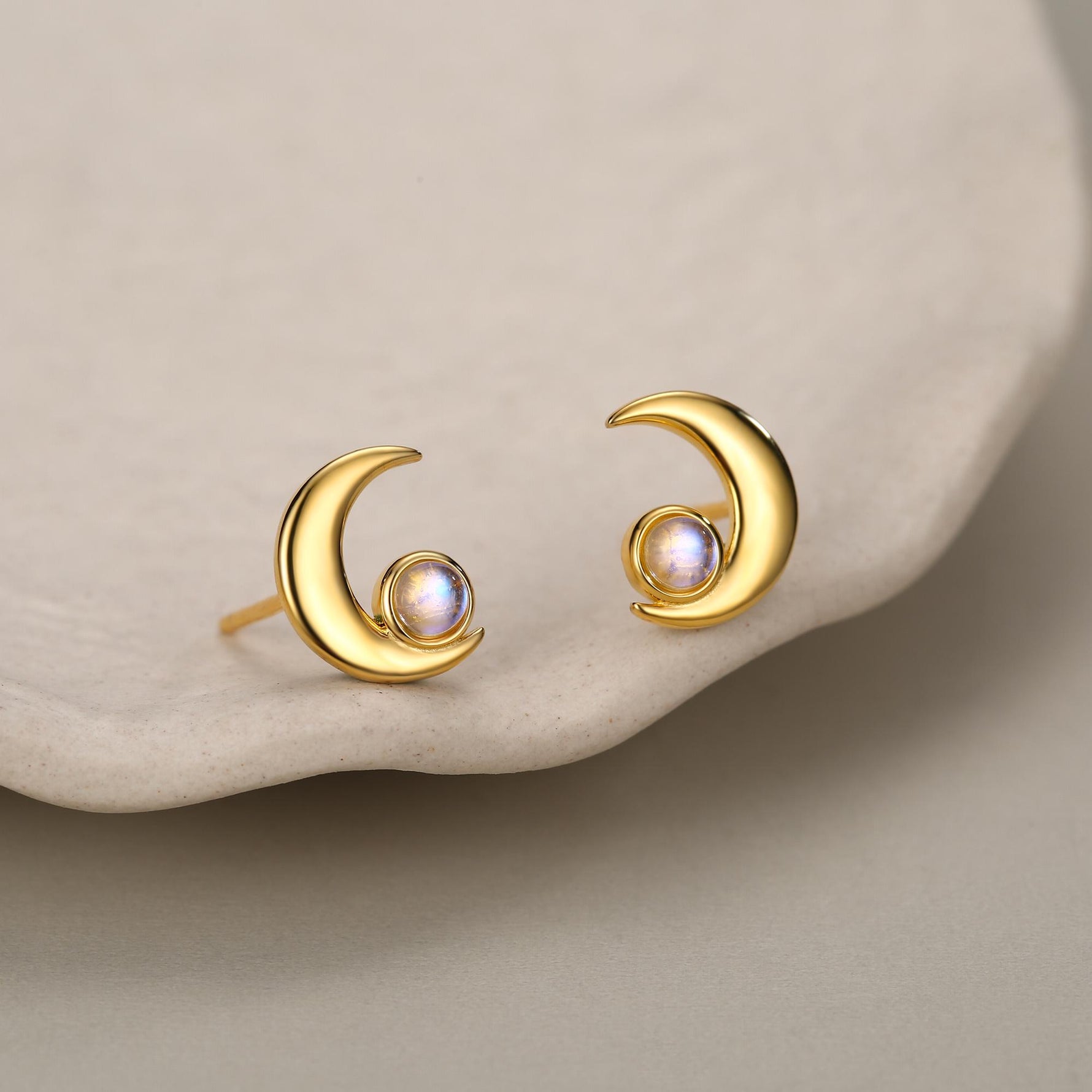 Cresent Moon with Moonstone Stud Earrings in Sterling Silver, Moon Earrings, Moon Stud, Celestial Moon Earrings