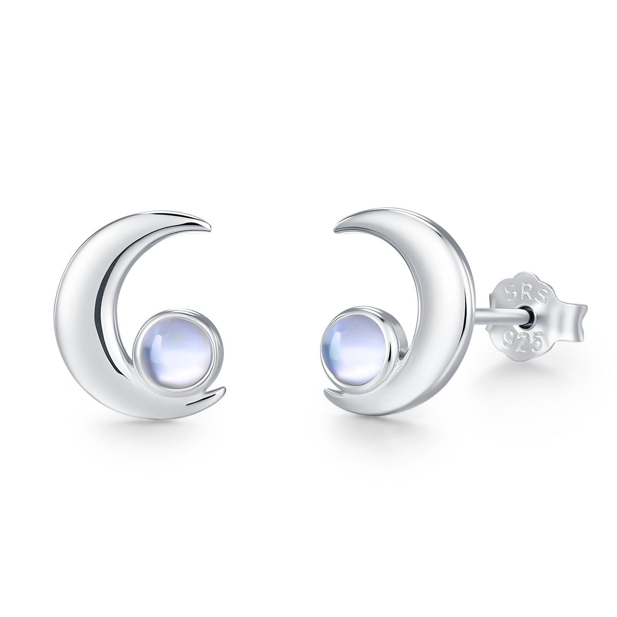 Cresent Moon with Moonstone Stud Earrings in Sterling Silver, Moon Earrings, Moon Stud, Celestial Moon Earrings