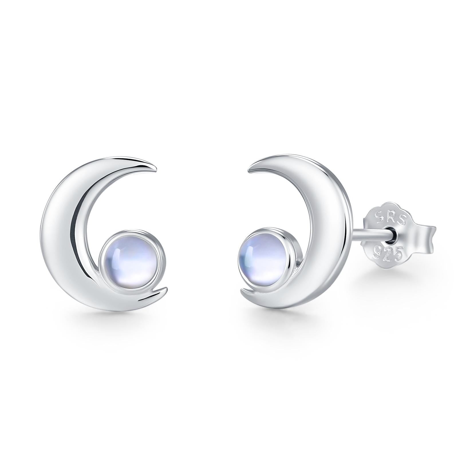 Cresent Moon with Moonstone Stud Earrings in Sterling Silver, Moon Earrings, Moon Stud, Celestial Moon Earrings