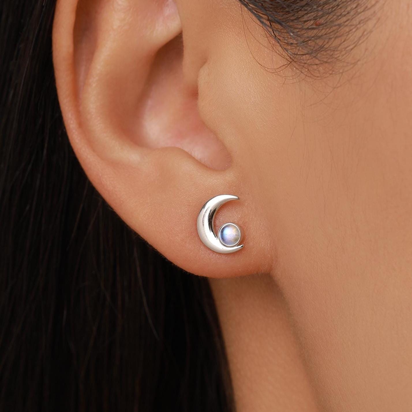Cresent Moon with Moonstone Stud Earrings in Sterling Silver, Moon Earrings, Moon Stud, Celestial Moon Earrings