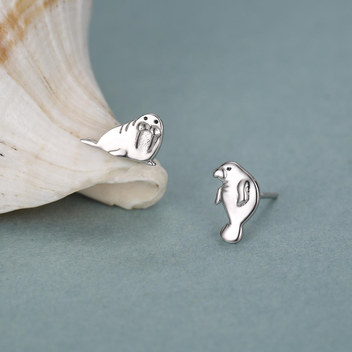 Sterling Silver Walrus & Manatee Mismatched Stud Earrings, Asymmetric Manatee and Walrus Earrings